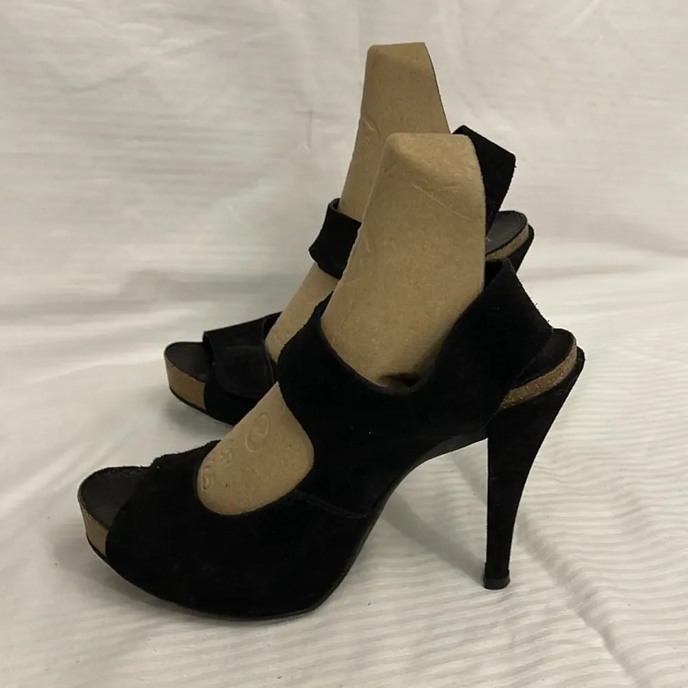 Pedro Garcia Black Suede mid-Heel Sandals Size 37.5 USA 7.5